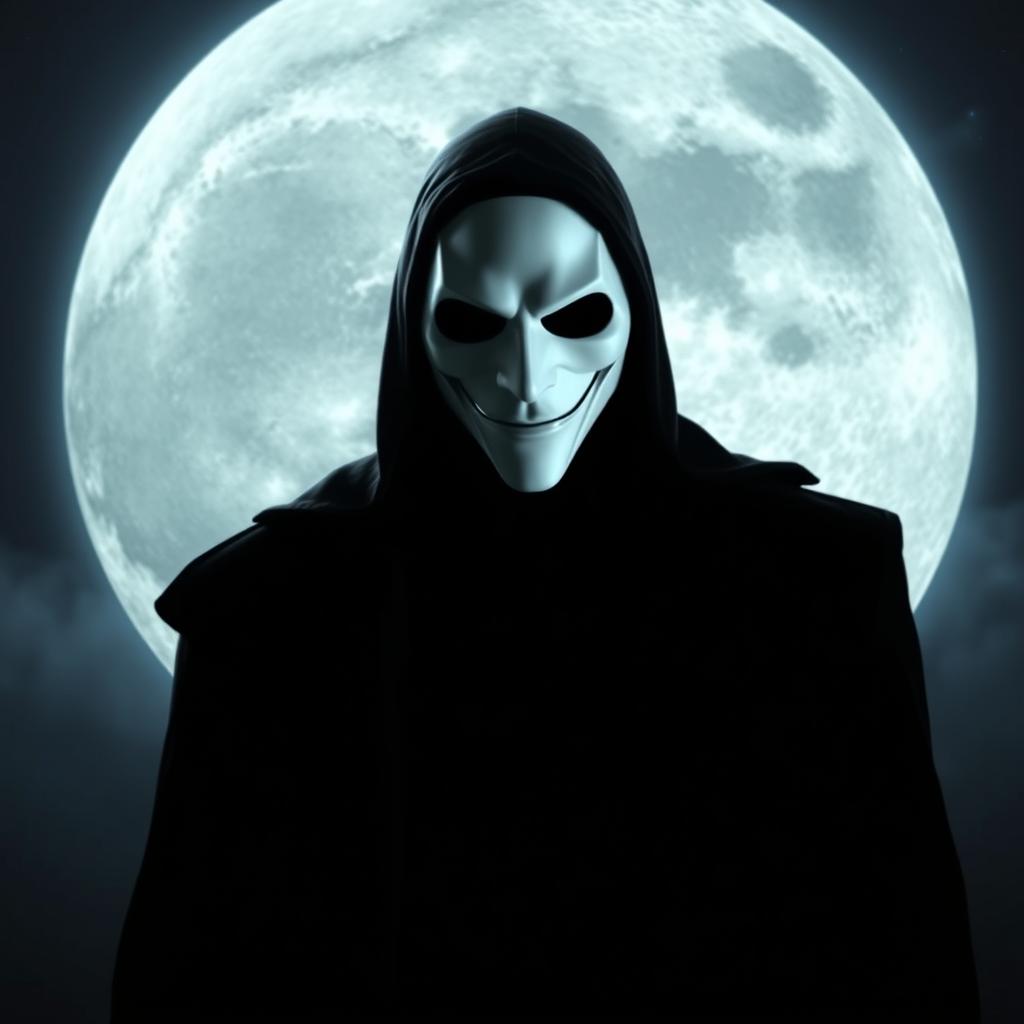 A mysterious figure wearing a white mask, standing confidently in front of a large, luminous moon