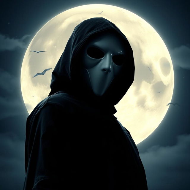 A mysterious figure wearing a white mask, standing confidently in front of a large, luminous moon