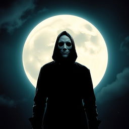 A mysterious figure wearing a white mask, standing confidently in front of a large, luminous moon