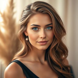A beautiful 35-year-old woman with enchanting European features that combine Scandinavian, Slavic, and Mediterranean characteristics