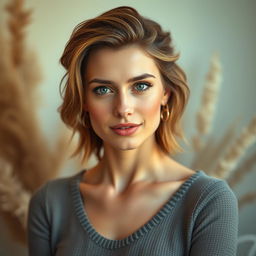 A beautiful 35-year-old woman with enchanting European features that combine Scandinavian, Slavic, and Mediterranean characteristics