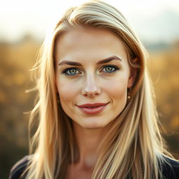 A stunning 30-year-old woman with a blend of European features that include Scandinavian, Slavic, and Mediterranean characteristics
