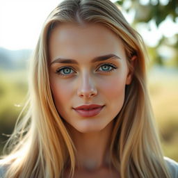 A stunning 30-year-old woman with a blend of European features that include Scandinavian, Slavic, and Mediterranean characteristics