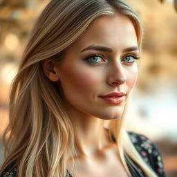 A stunning 30-year-old woman with a blend of European features that include Scandinavian, Slavic, and Mediterranean characteristics