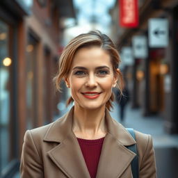 A sophisticated 40-year-old woman with a captivating blend of European features, encompassing Scandinavian, Slavic, and Mediterranean traits