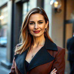 A sophisticated 40-year-old woman with a captivating blend of European features, encompassing Scandinavian, Slavic, and Mediterranean traits