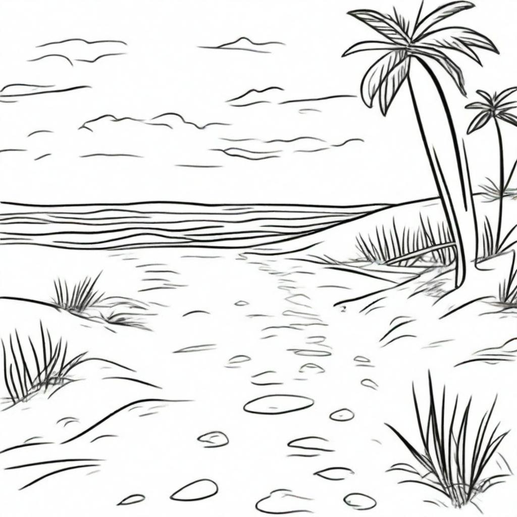 A tranquil colouring book scene featuring a stretch of sandy beach with a trail of footprints leading off into the distance.