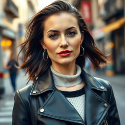 A fashionable 33-year-old woman with a striking combination of European features representing Scandinavian, Slavic, and Mediterranean traits