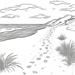 A tranquil colouring book scene featuring a stretch of sandy beach with a trail of footprints leading off into the distance.