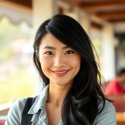 A 31-year-old woman with black hair, exuding a modest charm with a gentle smile