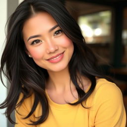 A 31-year-old woman with black hair, exuding a modest charm with a gentle smile