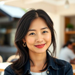A 31-year-old woman with black hair, exuding a modest charm with a gentle smile
