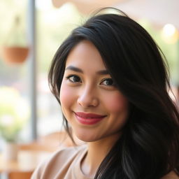 A 31-year-old woman with black hair, exuding a modest charm with a gentle smile