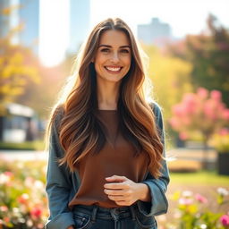 A 30-year-old woman standing confidently with a friendly smile, wearing a stylish casual outfit