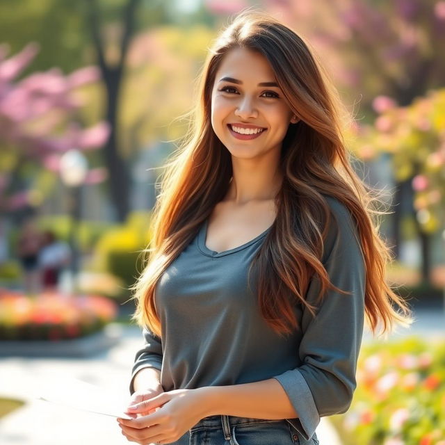 A 30-year-old woman standing confidently with a friendly smile, wearing a stylish casual outfit