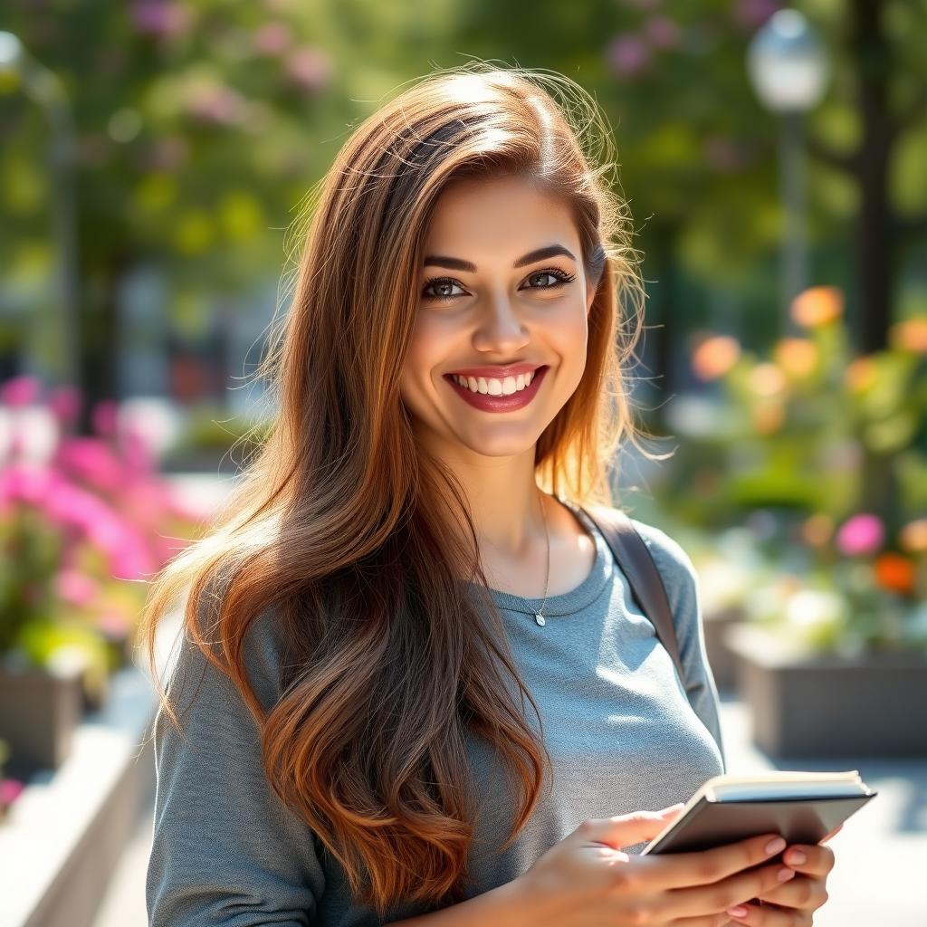 A 30-year-old woman standing confidently with a friendly smile, wearing a stylish casual outfit