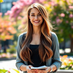 A 30-year-old woman standing confidently with a friendly smile, wearing a stylish casual outfit