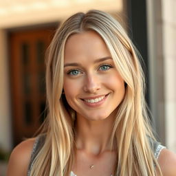 A beautiful 30-year-old woman with light features, including long blonde hair, striking blue or grey eyes, and fair skin