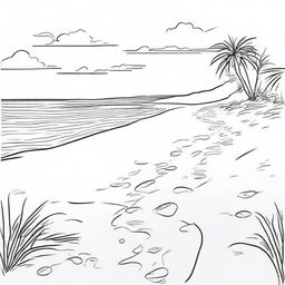 A tranquil colouring book scene featuring a stretch of sandy beach with a trail of footprints leading off into the distance.