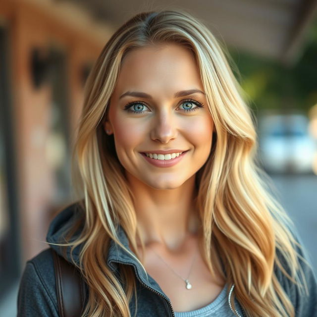 A beautiful 30-year-old woman with light features, including long blonde hair, striking blue or grey eyes, and fair skin