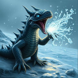 An ominous frost salamander with dark, shimmering scales that reflect the chilling light of its icy surroundings