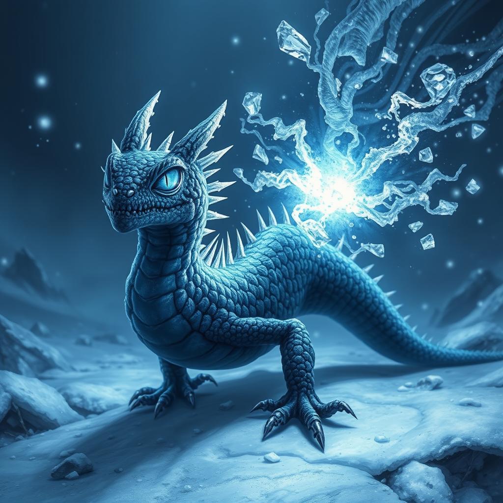 An ominous frost salamander with dark, shimmering scales that reflect the chilling light of its icy surroundings