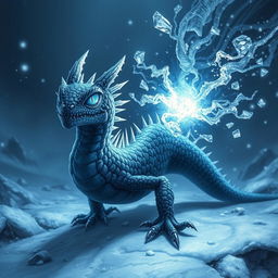 An ominous frost salamander with dark, shimmering scales that reflect the chilling light of its icy surroundings