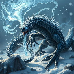 An ominous frost salamander with dark, shimmering scales that reflect the chilling light of its icy surroundings