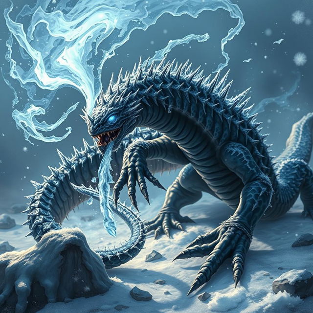 An ominous frost salamander with dark, shimmering scales that reflect the chilling light of its icy surroundings