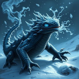An ominous frost salamander with dark, shimmering scales that reflect the chilling light of its icy surroundings