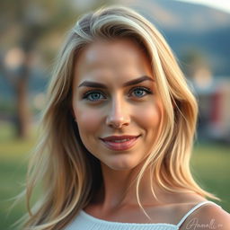 A radiant 35-year-old woman with a beautiful blend of European features that encompass Scandinavian, Slavic, and Mediterranean traits