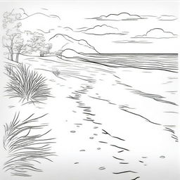 A tranquil colouring book scene featuring a stretch of sandy beach with a trail of footprints leading off into the distance.