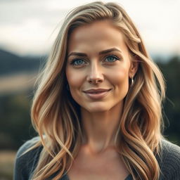 A radiant 35-year-old woman with a beautiful blend of European features that encompass Scandinavian, Slavic, and Mediterranean traits