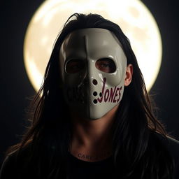 A man wearing a half-broken Casey Jones mask, with the mask specifically covering only the chin, standing in front of a large, beautifully illuminated moon at night