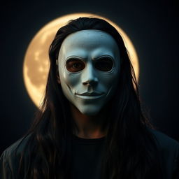 A man wearing a half-broken Casey Jones mask, with the mask specifically covering only the chin, standing in front of a large, beautifully illuminated moon at night