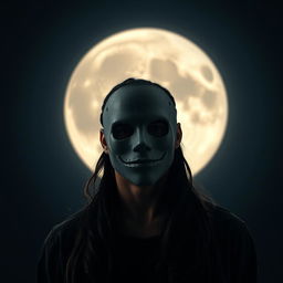 A man wearing a half-broken Casey Jones mask, with the mask specifically covering only the chin, standing in front of a large, beautifully illuminated moon at night