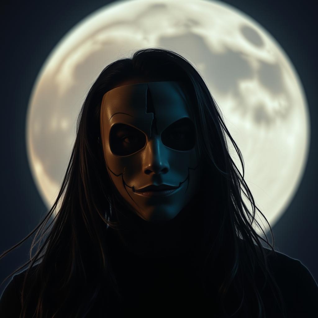 A man wearing a half-broken Casey Jones mask, with the mask specifically covering only the chin, standing in front of a large, beautifully illuminated moon at night