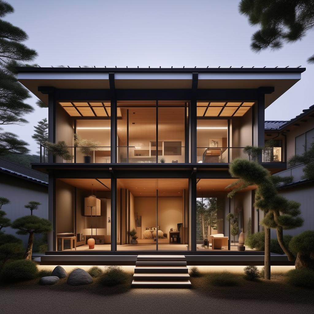 An industrially modern Japandi-style house, designed for a family with 4 children, incorporating elements of harmony, minimalism, and functionality.