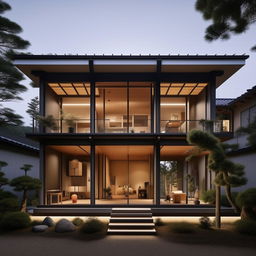 An industrially modern Japandi-style house, designed for a family with 4 children, incorporating elements of harmony, minimalism, and functionality.