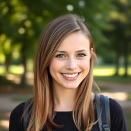 A beautiful Slavic girl with light brown hair, smiling warmly