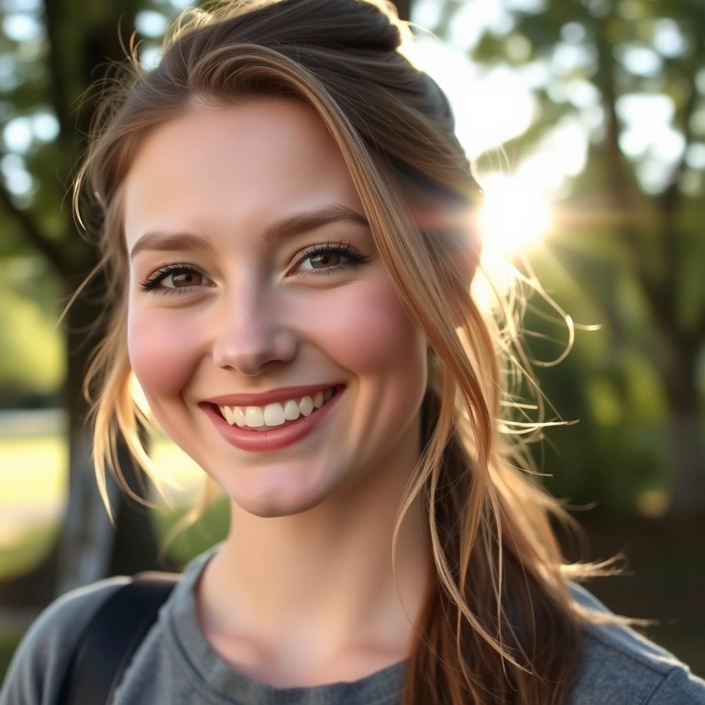 A beautiful Slavic girl with light brown hair, smiling warmly