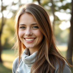 A beautiful Slavic girl with light brown hair, smiling warmly