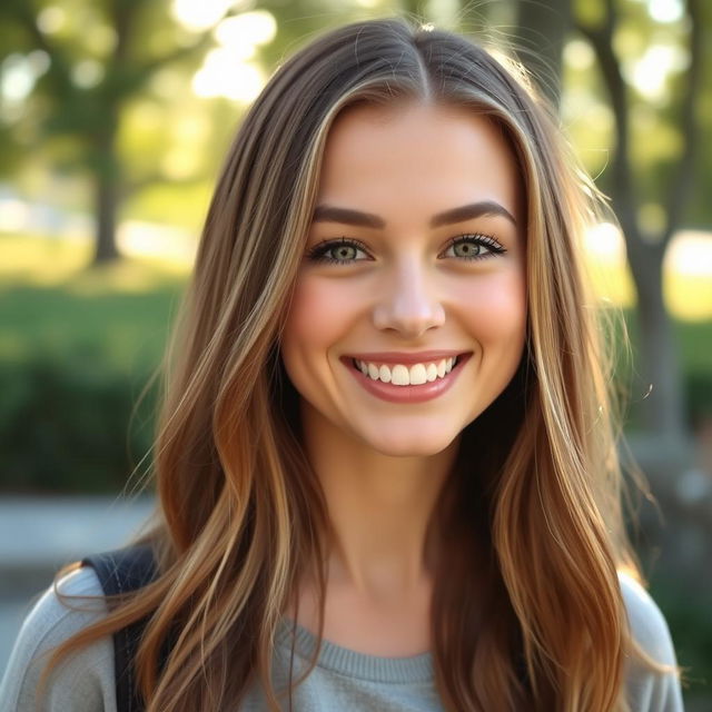 A beautiful Slavic girl with light brown hair, smiling warmly