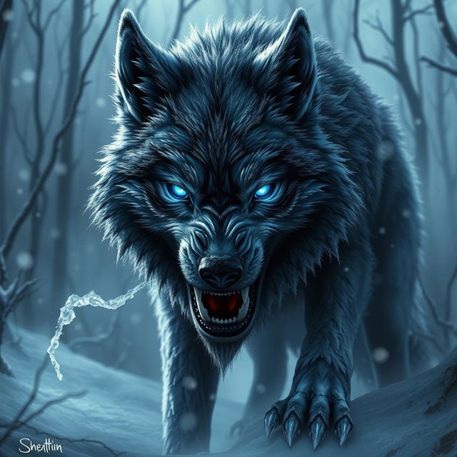 A menacing frost wolf, shrouded in shadows, its fur glistening with a chilling layer of frost that sparkles in the dim light