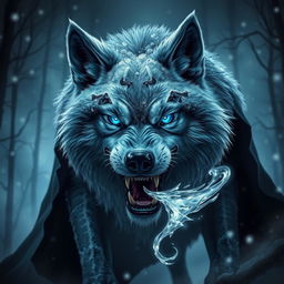 A menacing frost wolf, shrouded in shadows, its fur glistening with a chilling layer of frost that sparkles in the dim light