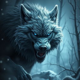 A menacing frost wolf, shrouded in shadows, its fur glistening with a chilling layer of frost that sparkles in the dim light