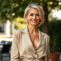 A stunning 40-year-old woman with a captivating blend of European features that reflect Scandinavian, Slavic, and Mediterranean traits