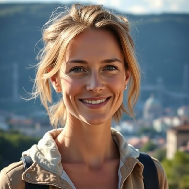 A photograph of a woman aged between 30 to 45 with a natural appearance, minimal makeup, and well-groomed hair