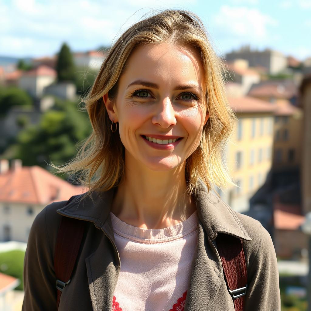 A photograph of a woman aged between 30 to 45 with a natural appearance, minimal makeup, and well-groomed hair