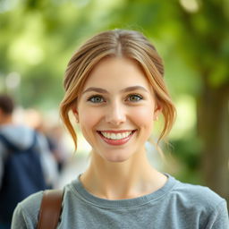 A woman shown from the waist up, featuring European appearance with light brown hair
